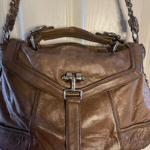 Treesje khaki distressed leather shoulder bag with bold silver tone hard…